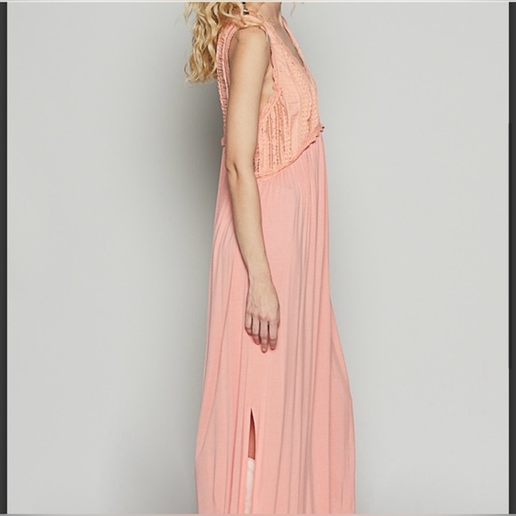 POL•V-Neck Sleeveless Cut Sew KnitLace Trim Solid Dress•Peach Coral - Picture 2 of 6